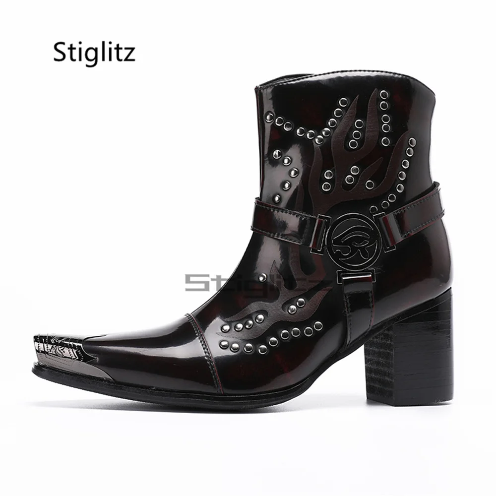 

Patent Leather Rivets High Heels Chelsesa Boots for Men Ankle Metal Pointed Toe Buckle Zip Ankle Boots Stylish Business Shoes