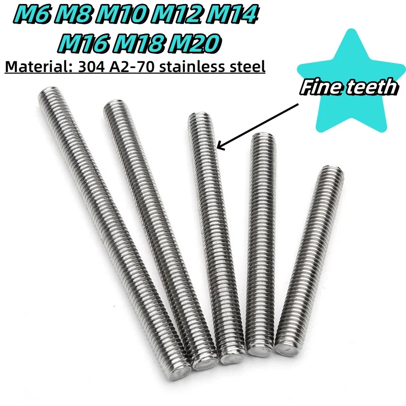 Threaded Rod M6 M8 ~ M20 304 A2-70 Stainless Steel Full Tooth Threaded Rod, Metric Fine Tooth Threaded Rod Length L=250mm