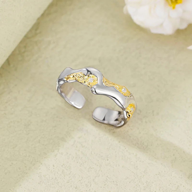New S925 Silver Original Color Separation Electroplating Stackable Plain Ring Irregular Small Opening Ring Wedding Jewelry