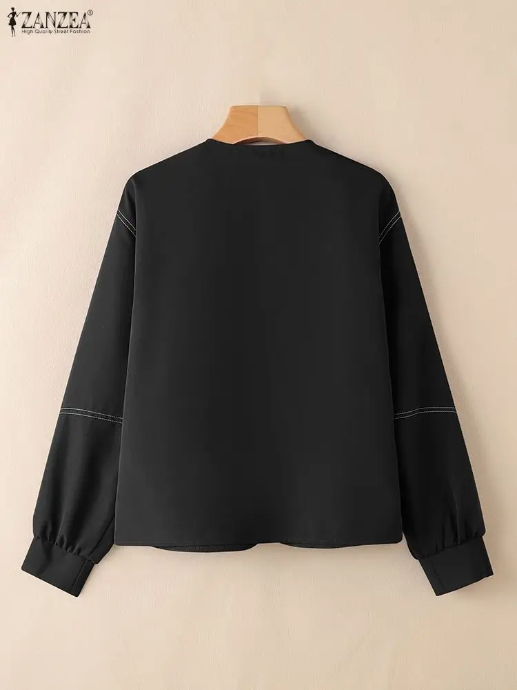 ZANZEA Stylowa Jesienna Koszula 2025 Damska Odzież Wierzchnia Modny Kardigan z Długim Rękawem w Kontrastowych Kolorach Cienkie Bluzki Zapinane na Guziki