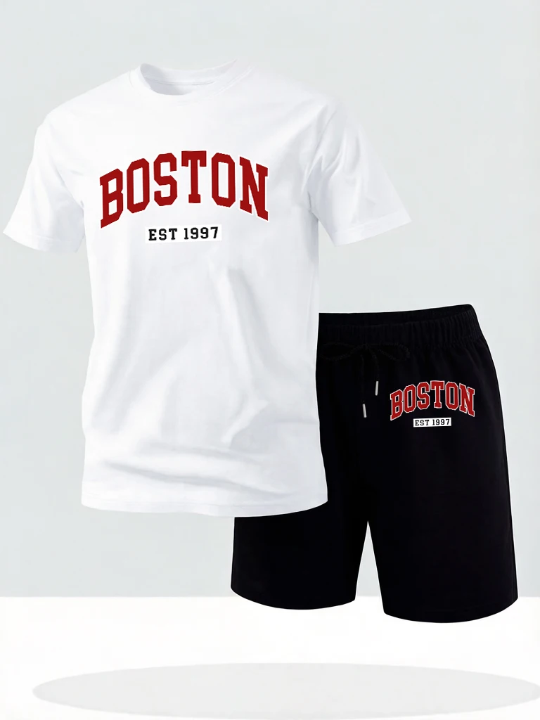 

Boston Letter Est 1997 Design Running T Shirts Of Man'S Set Beach Drawstring Summer Short Pants Cotton Soft Fashion Clothing