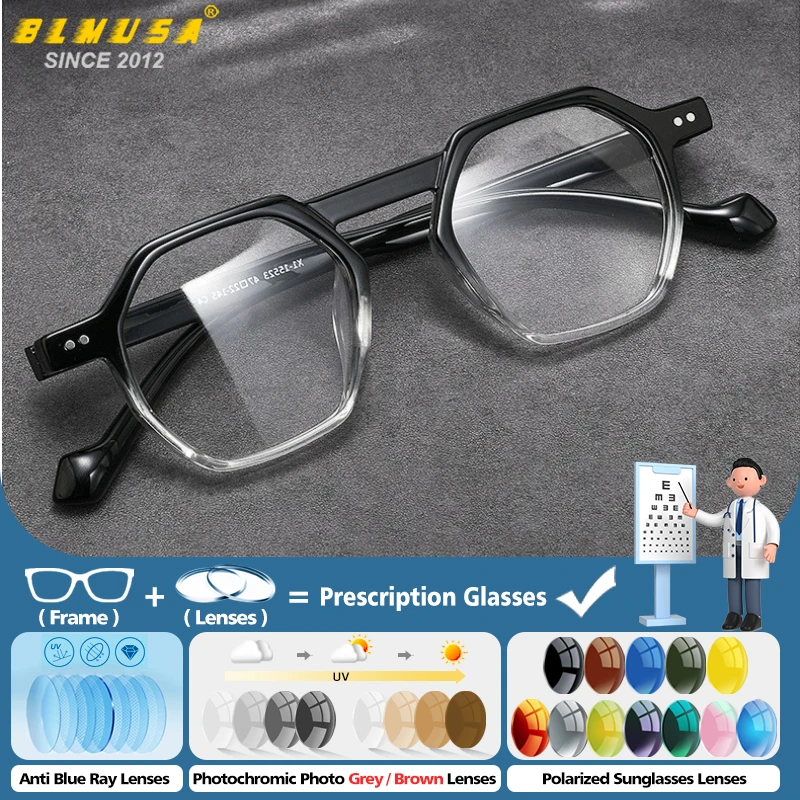 

BLMUSA (S) Trendy Polygonal Myopia Prescription Glasses High Quality Men Progressive Eyeware Anti Blue Ray Photochromic Eyeglass