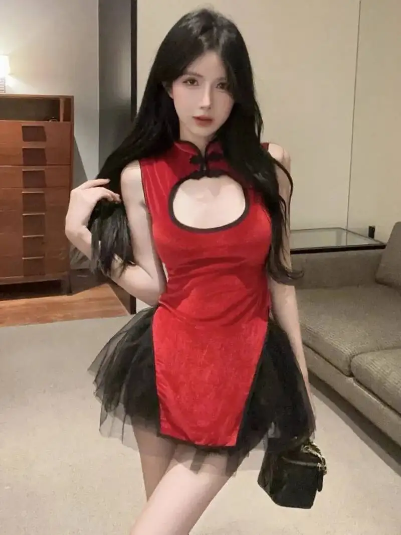 Design Sense Low Cut Red Christmas Sexy Slit Top+multi-layer Mesh Fluffy Short Two-piece Set For Women Dress Elegant HEH3