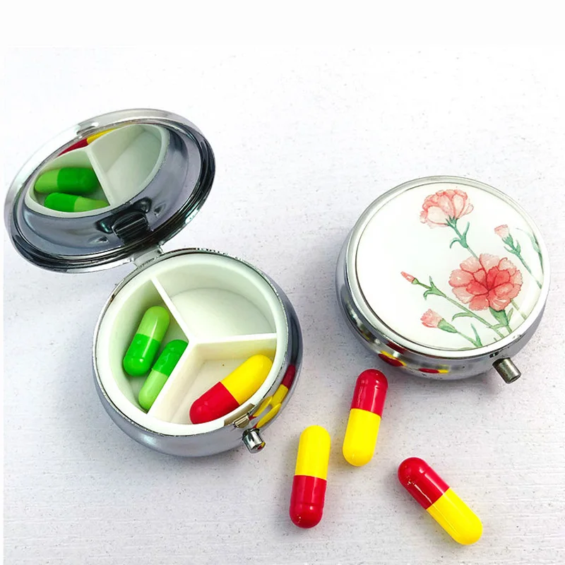 3 Compartments Metal Pill Box Travel Pill Splitters Case Container Vintage Medicines Organizer With Mirror Drugs Boxes Candy Box