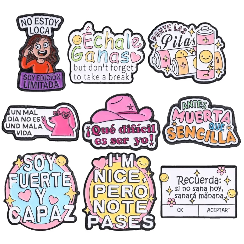 9 estilos de Broches de Esmalte com Citações Positivas em Espanhol e Slogans Latinos Engraçados, como 'Échale Ganas No Estoy Loca', Joias e Presentes para Amigos