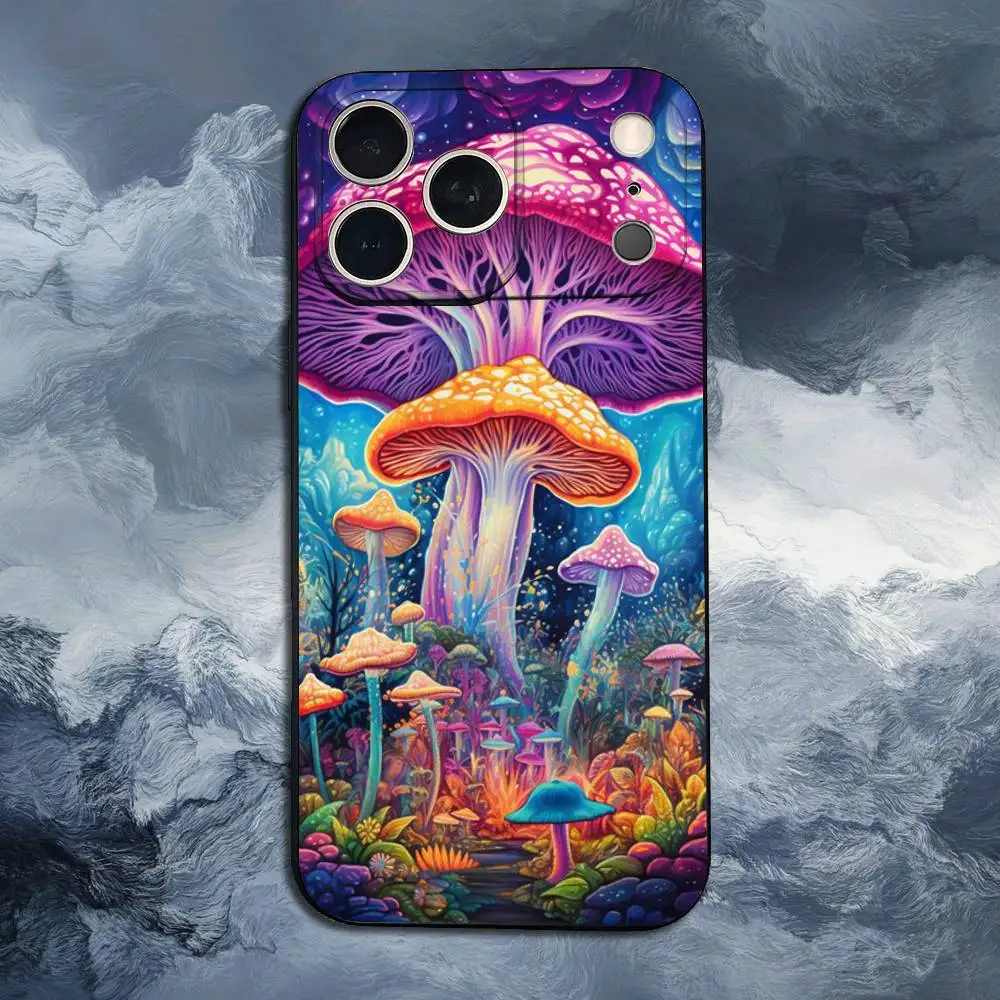 Cogumelo trippy de planta estranho para iPhone 8,7,11,12,15,14,13,16,17,Plus,Pro Max, XS, X, XR, SE, Mini, capa preta de silicone macio