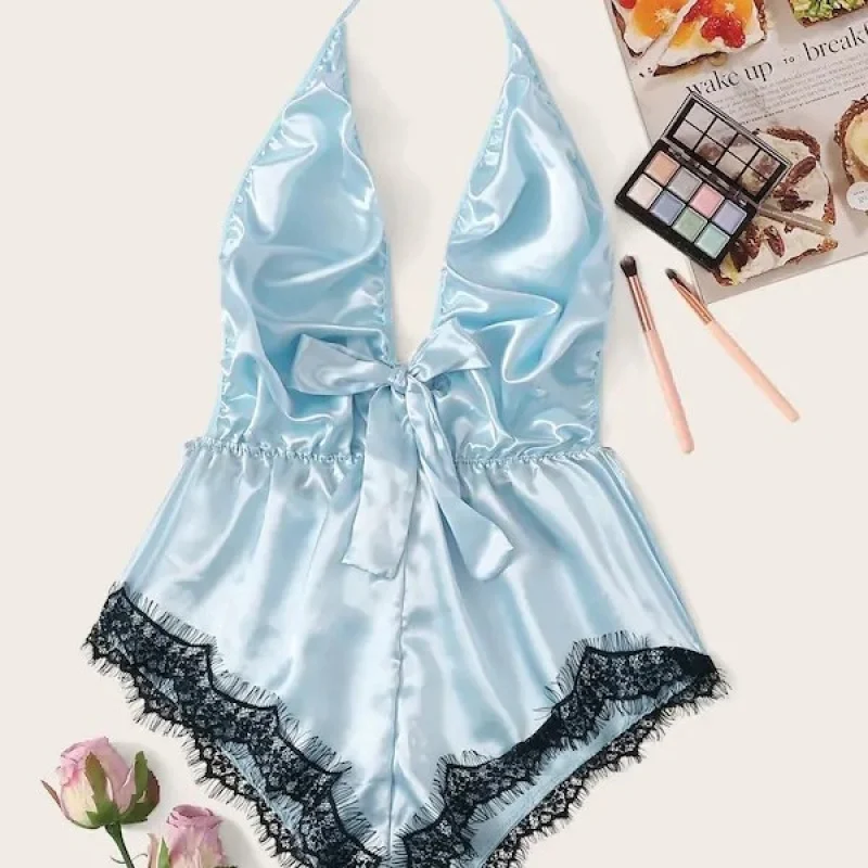 

European and American foreign trade ice silk pajamas for women, summer Korean style one-piece pajamas