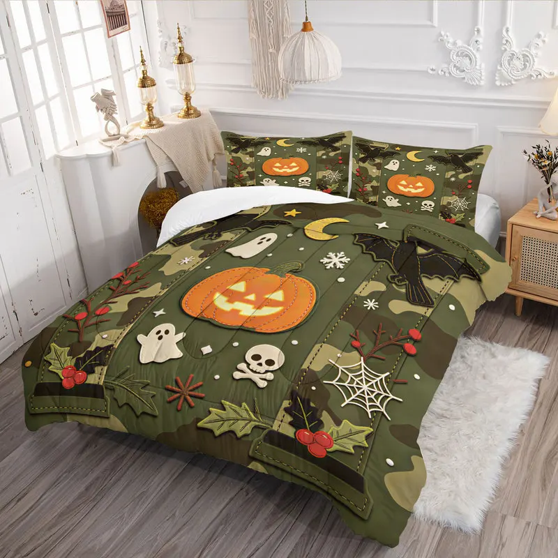 Camo Green Halloween Comforter Set Vintage Pumpkin Bat Ghost Crow Patch Print Quilt Set Fashion Bedding Set Bedroom Decor Gift