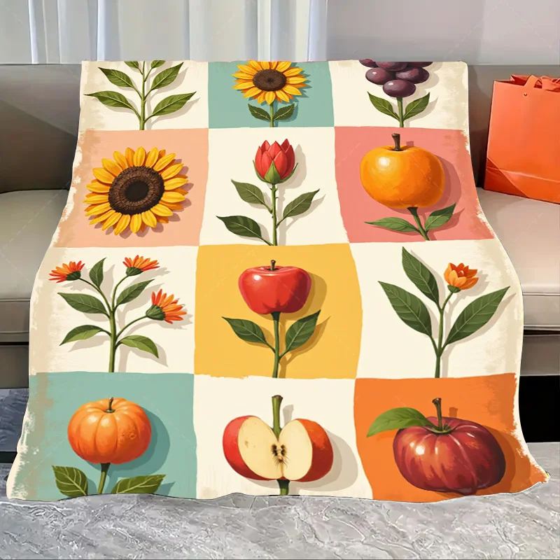 

1 шт. фланелевое одеяло «Ретро фруктовое и цветочное сетчатое одеяло с принтом для уютного домашнего декора»