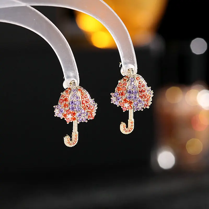 

s925 Silver needle high-end color zircon inlaid fashionable, individual, creative and niche design small umbrella ear studs
