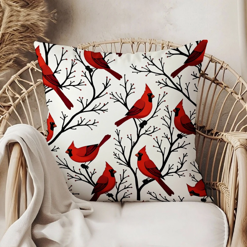 Square Throw Pillow Cover White Red Cardinal Bird Branch Print For Living Room Sofa Bedroom Home Decor Cushion Case