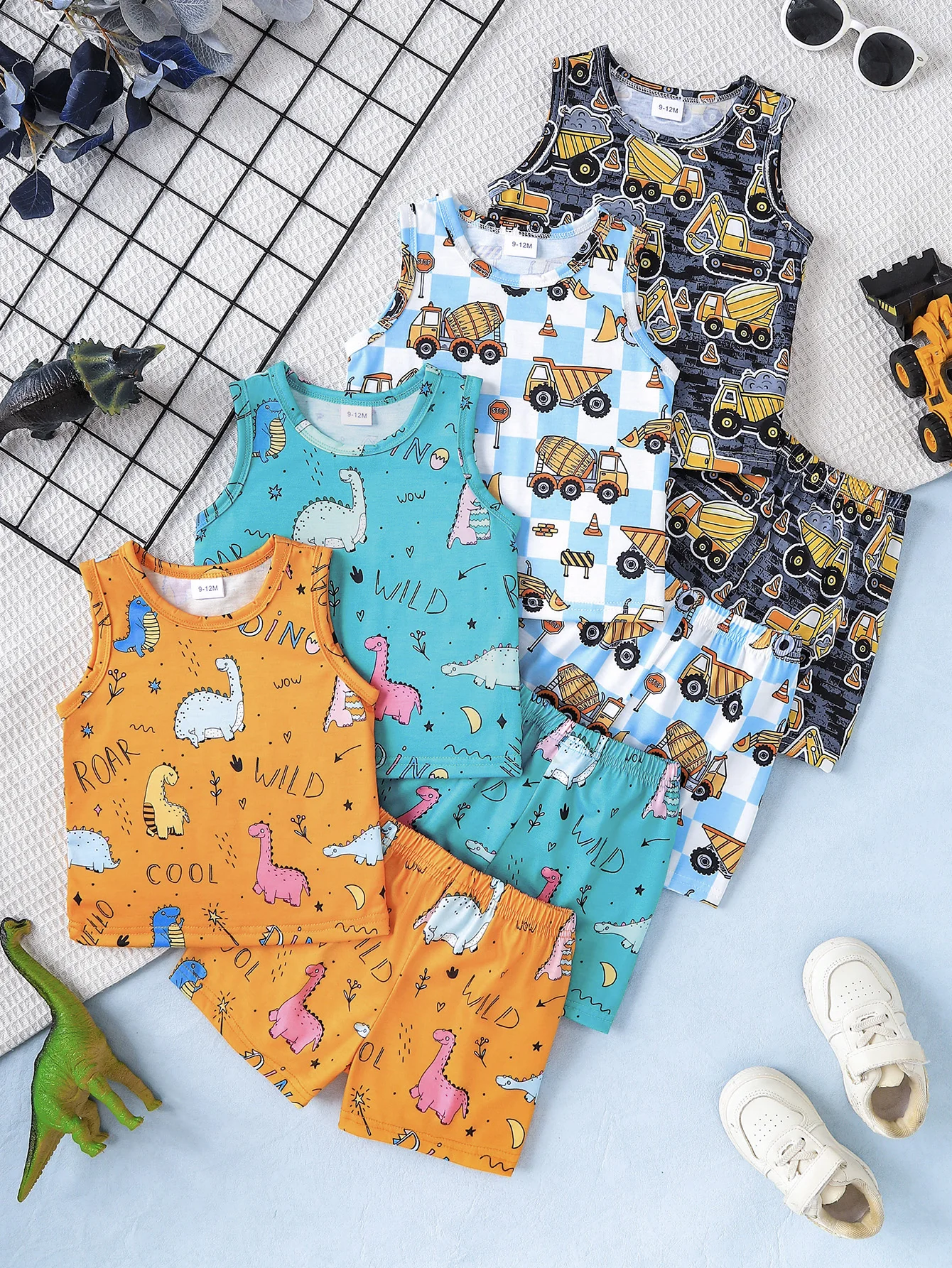 4pcs Summer Boys Cartoon Dinosaur/Construction Print Tank Set, Sleeveless Top + Shorts, Cute Casual Style, Daily/Outdoor Wear