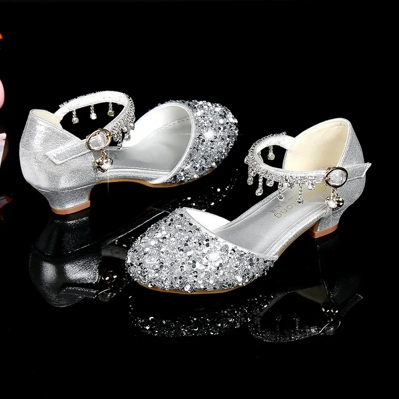 

Princess Kids Leather Shoes for Girls Glitter Dress Party High Heels Fashion Sequins Sweet Children Versatile Wedding Sandals