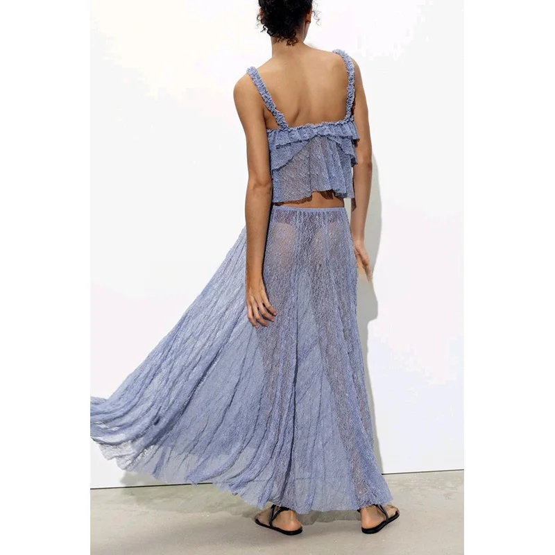 

V-Ne Lace Overlay Decorative Strap Top High Waist Long Skirt Holiday Sle Two-Piece Set ort Sve Overhead Spring Fai...