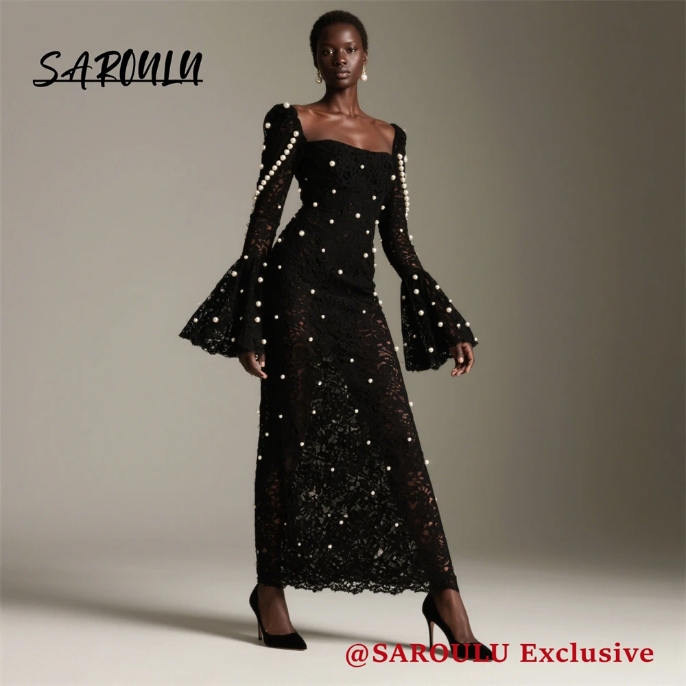 

Black Pearls Lace Formal Dress for Women with Full Flare Sleeves, Sheath Long Evening Dresses Customized Square Party Gowns