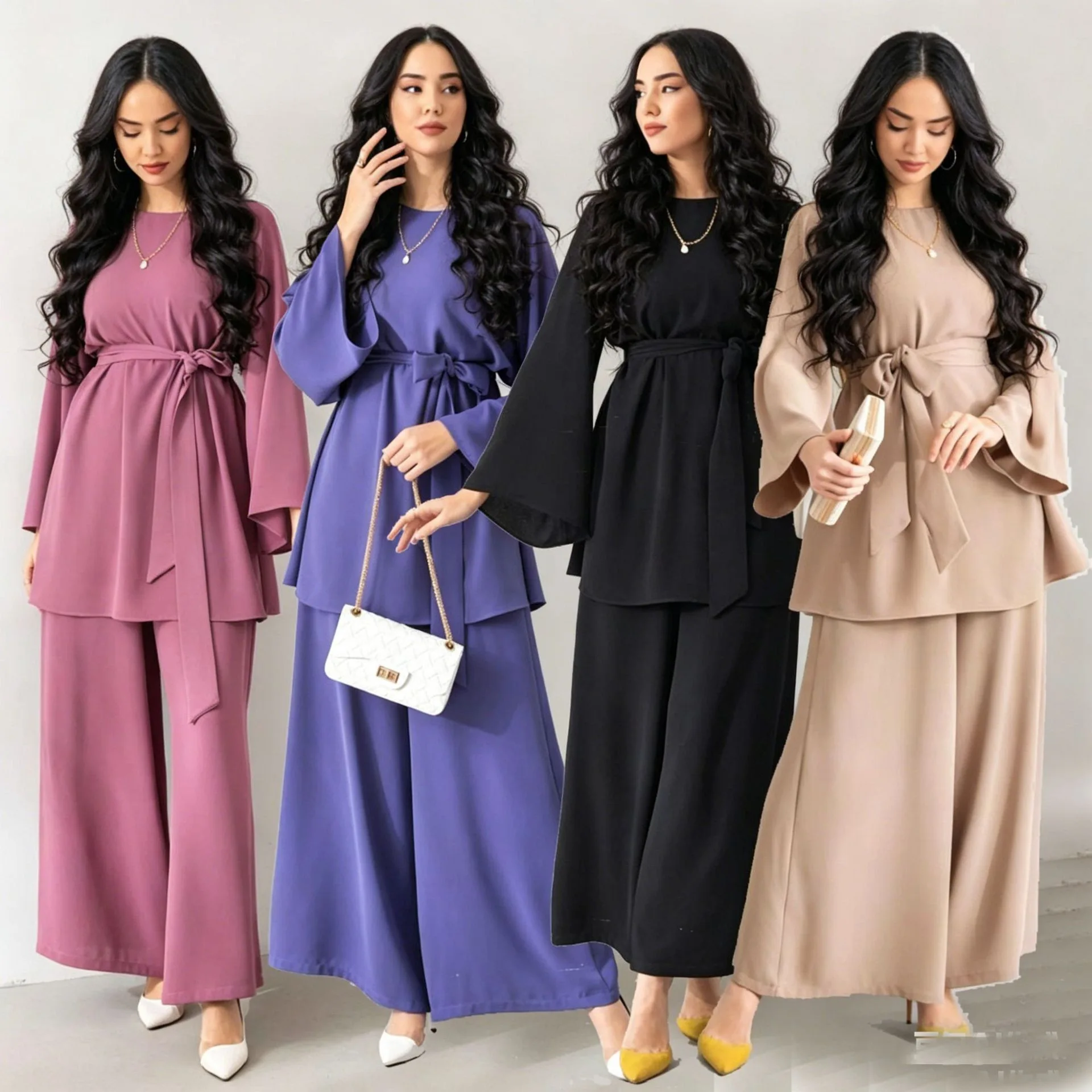 

Muslim Sets Women Blouse Wide Leg Pants 2 Piece Suit Ramadan Sashes Morocco Dubai Islam Top Trousers Ensemble Eid Outfits