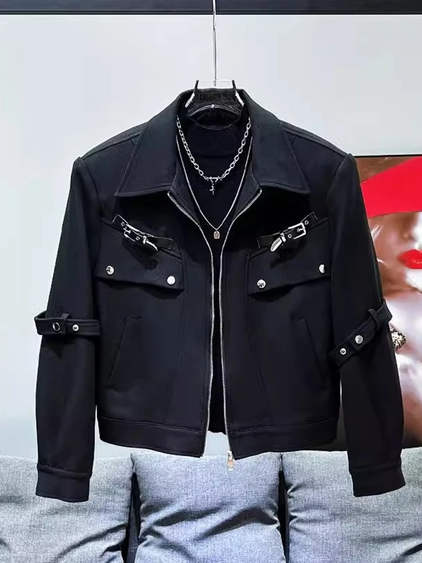 

New Faionable Men's Jaet Loose Casual ort Bla Outerwear with Belt Design Urban Sle Stand Fit Long Sve Zipper