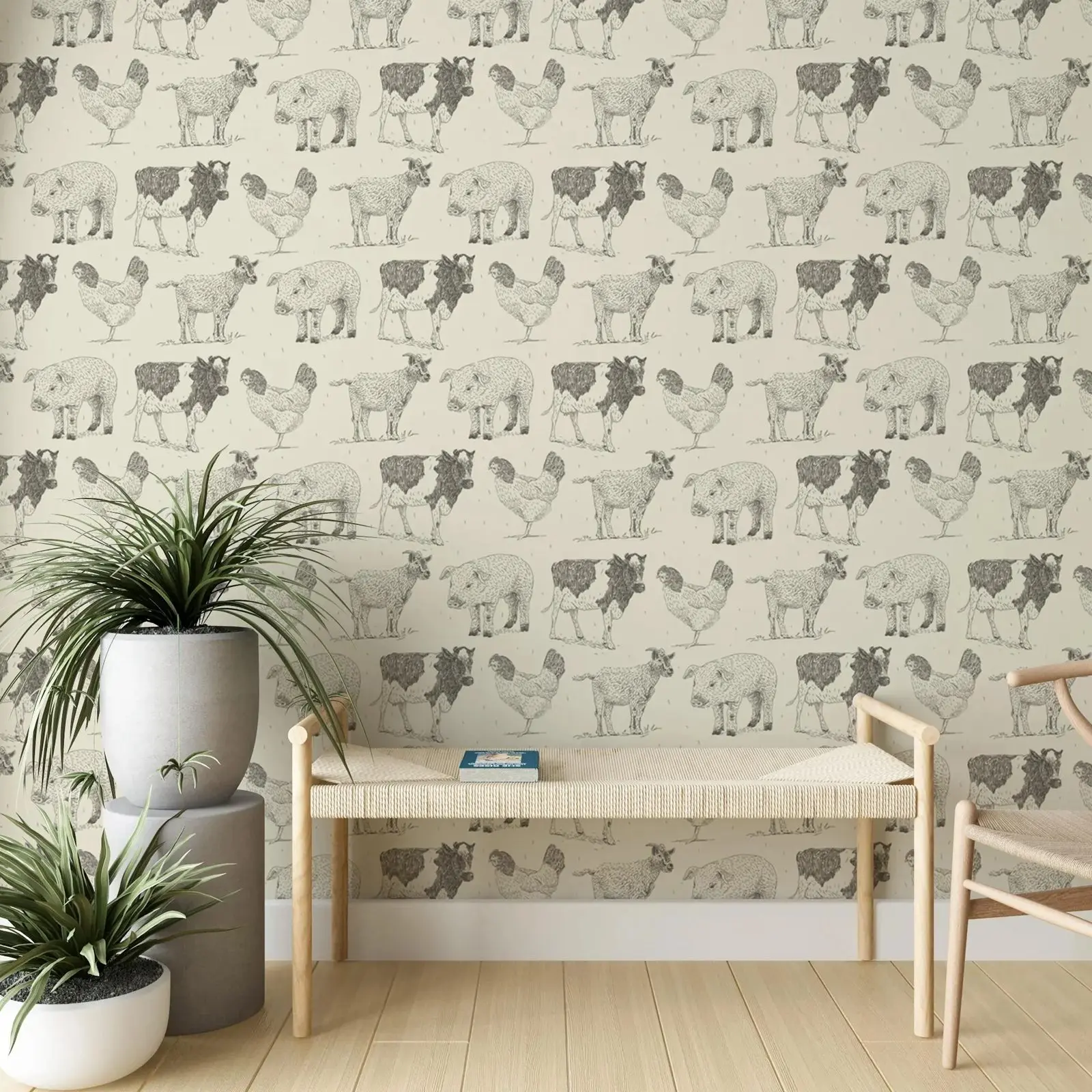 Self-adhesive Farm Wallpaper,Farmhouse Wall Paper Peel and Stick, Wall Paper With Horses and Chickens, Neutral Colors Wall Decal