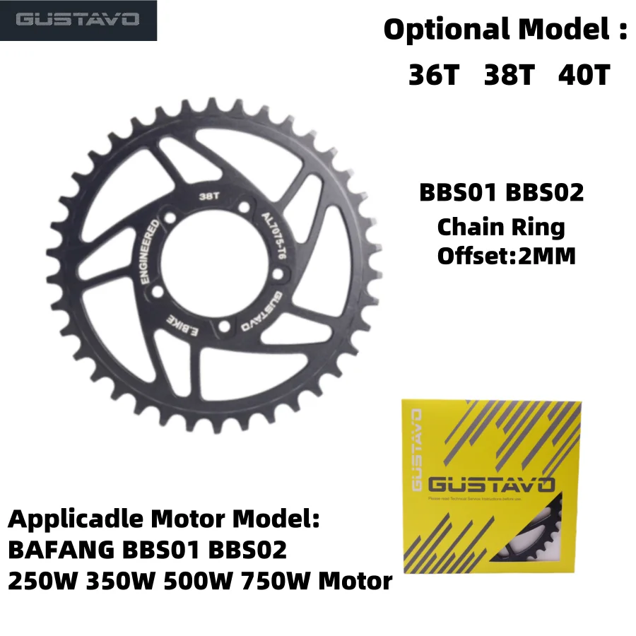 GUSTAVO Bicycle Chainring Aluminum 36T 38T 40T Chainwheel For BAFANG BBS01 BBS02 BBS01B BBS02B 250W-750W Motor Parts