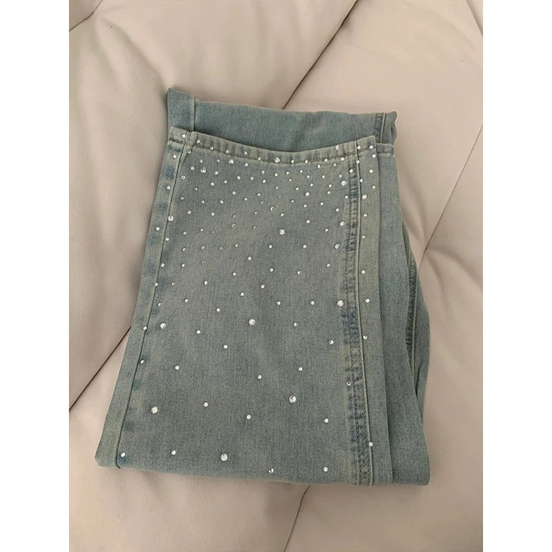 2025 Korean Style Women's Jeans | Spring Crystal Washed High Waist Wide Leg Pants, Chic Straight Cut Slim Fit Floor Length