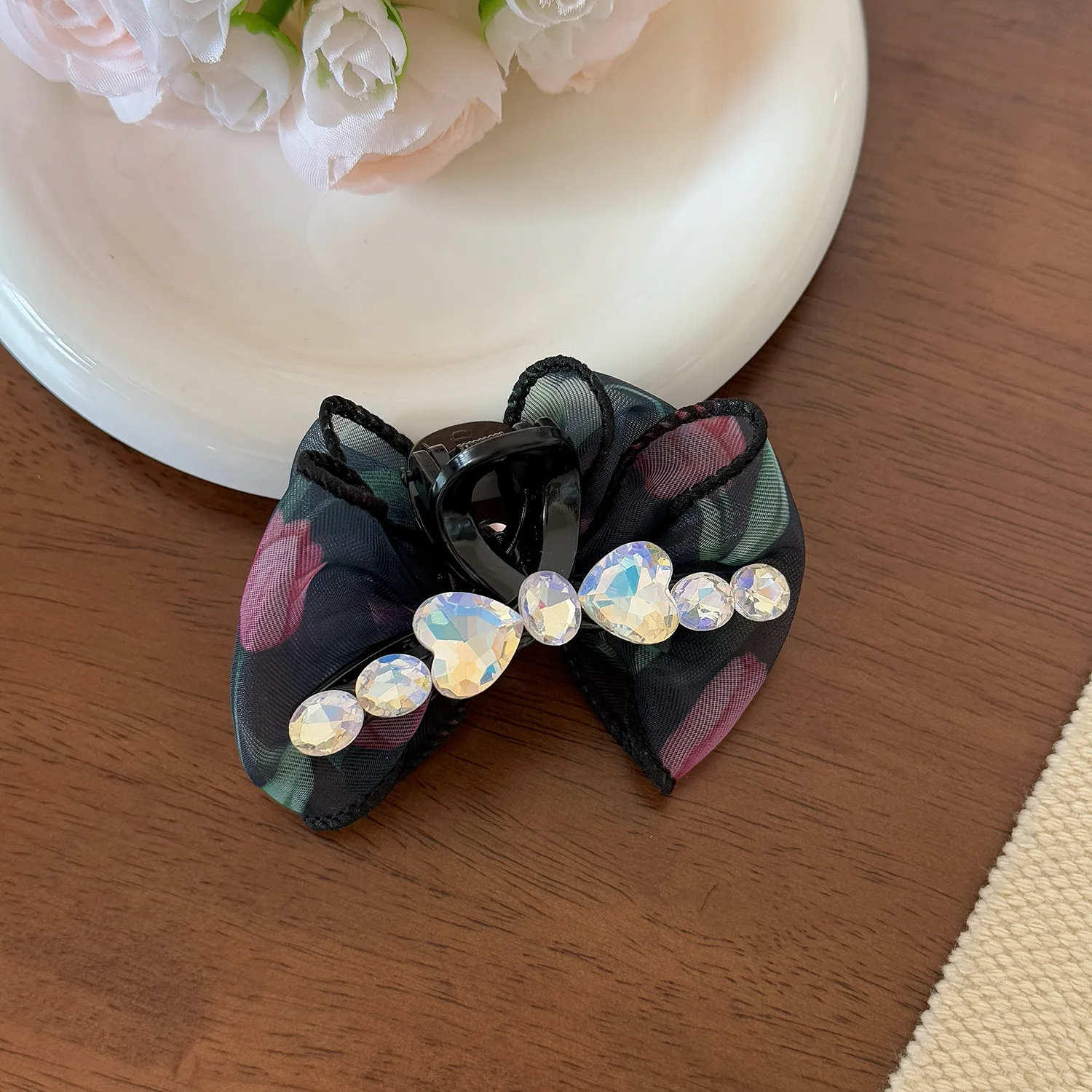 1PC Moonlight Rhinestone Hair Clip for Women Girls Net Gauze Bubble Satin Claw Princess Forehead Shark Side Hair Accessory - Image 6