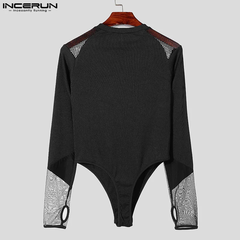 INCERUN 2024 American Style Stylish Loungewear New Men\'s Thin Mesh Splicing Jumpsuit Sexy O-neck Long Sleeved Triangle Bodysuits