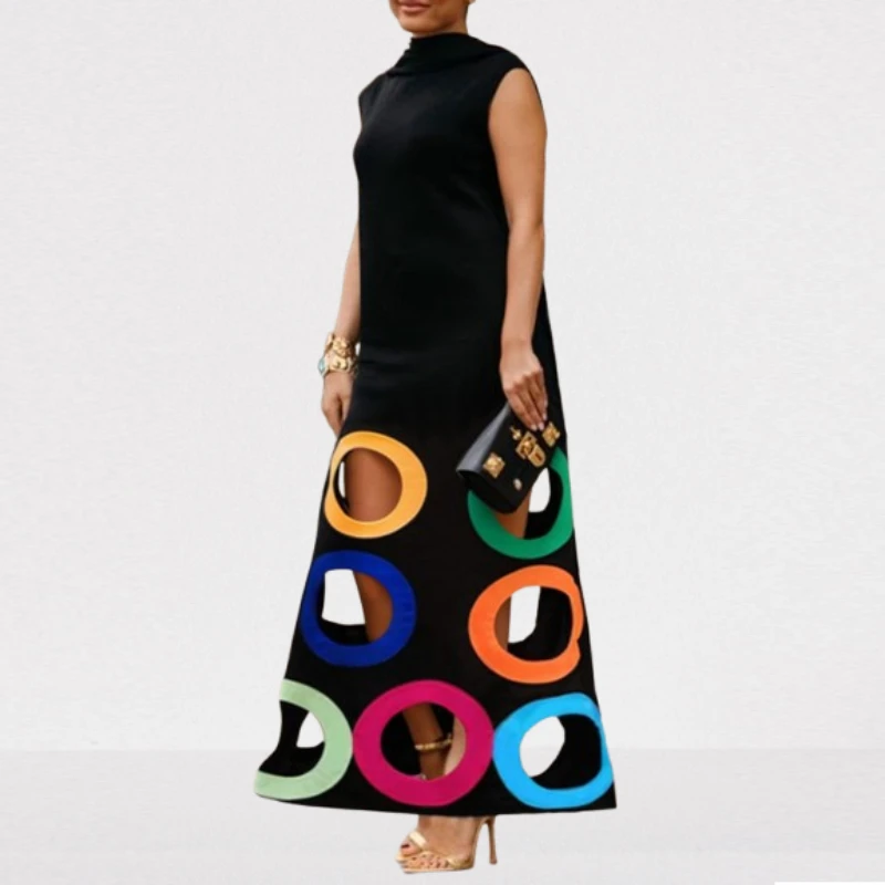 

Tinaa 2025 Summer Women Sleeveless Black Maxi Dresses Shawl Collar Colorful Hollow Party Prom A-line Loose Fashion Long Dress
