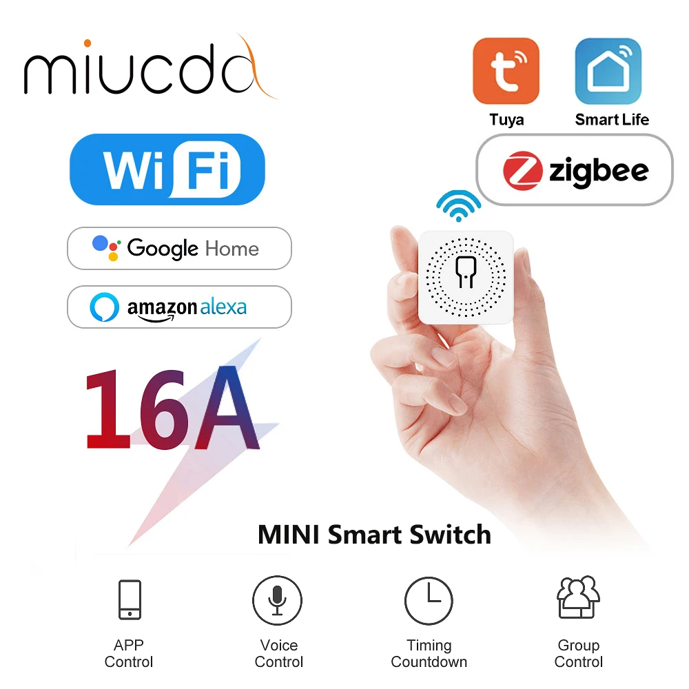 MIUCDA Tuya 16A ZigBee WiFi Mini Wifi DIY Light Switches Module 2-way Control Work With Tuya Smart Life Alexa Alice Google Home