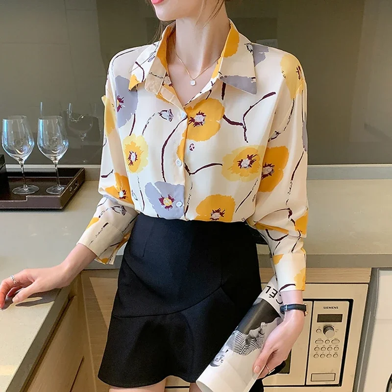 Floral Printed Button Up Shirt Women 2024 Elegant Fashion Long Sleeve Office Chiffon Blouses Y2k French Loose Ladies Tops Mujer