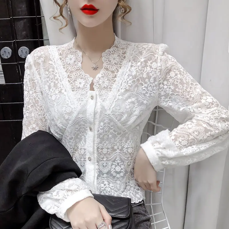 V-Neck feminino oco flor de renda Top