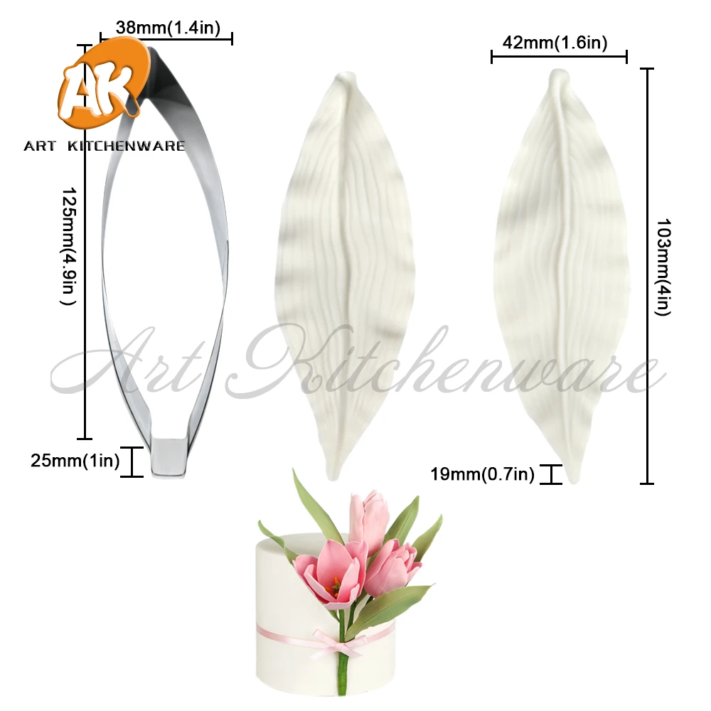 Tulip Petal Leaves Veiner Silicone Mold Stainless Steel Cutter Mould DIY Fondant Flower Clay Model Cake Decorating Tool Bakeware