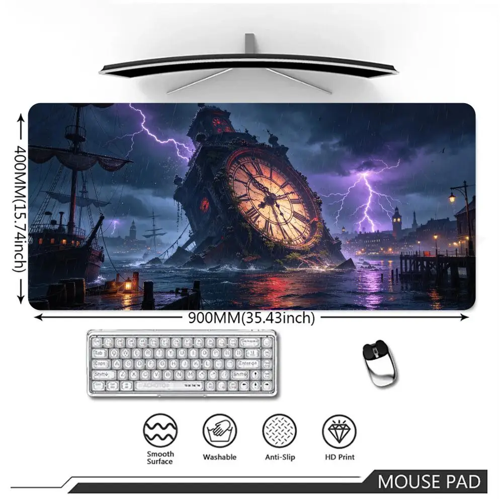 Large Giant Broken Clock Tower Pirate Ship Mouse Pad Fantasy Gaming Desk Mat  Washable Anti-Slip Extended Keyboard Play mat