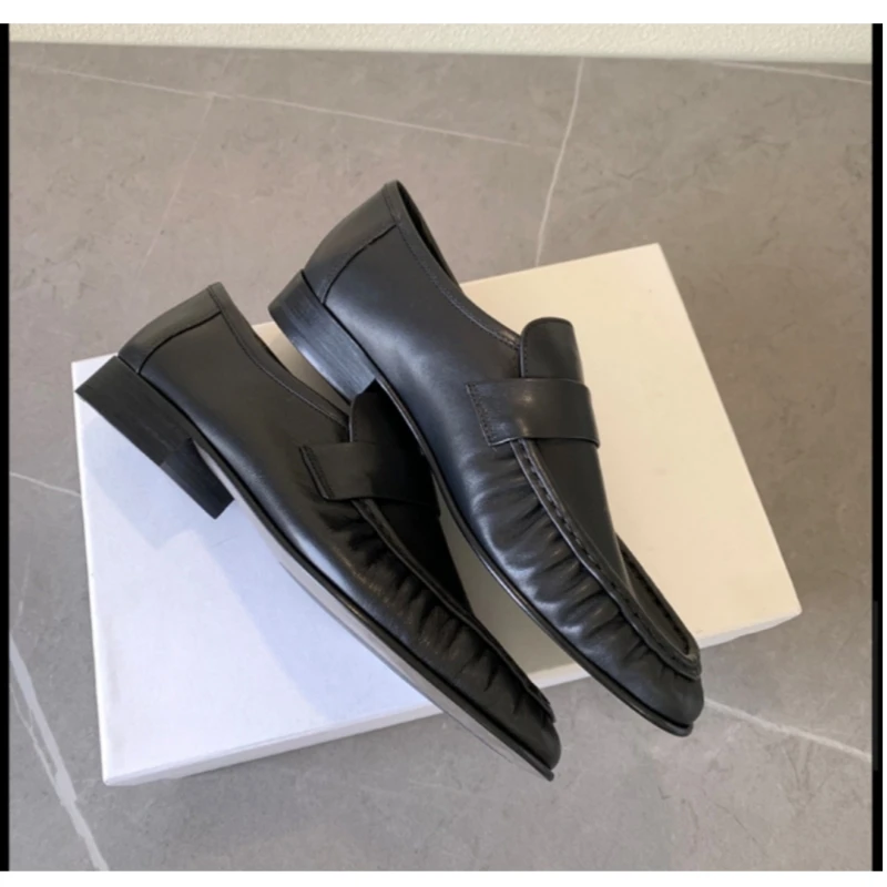 25 year new pleated round toe low heel comfortable soft cowhide college retro style one foot loafers