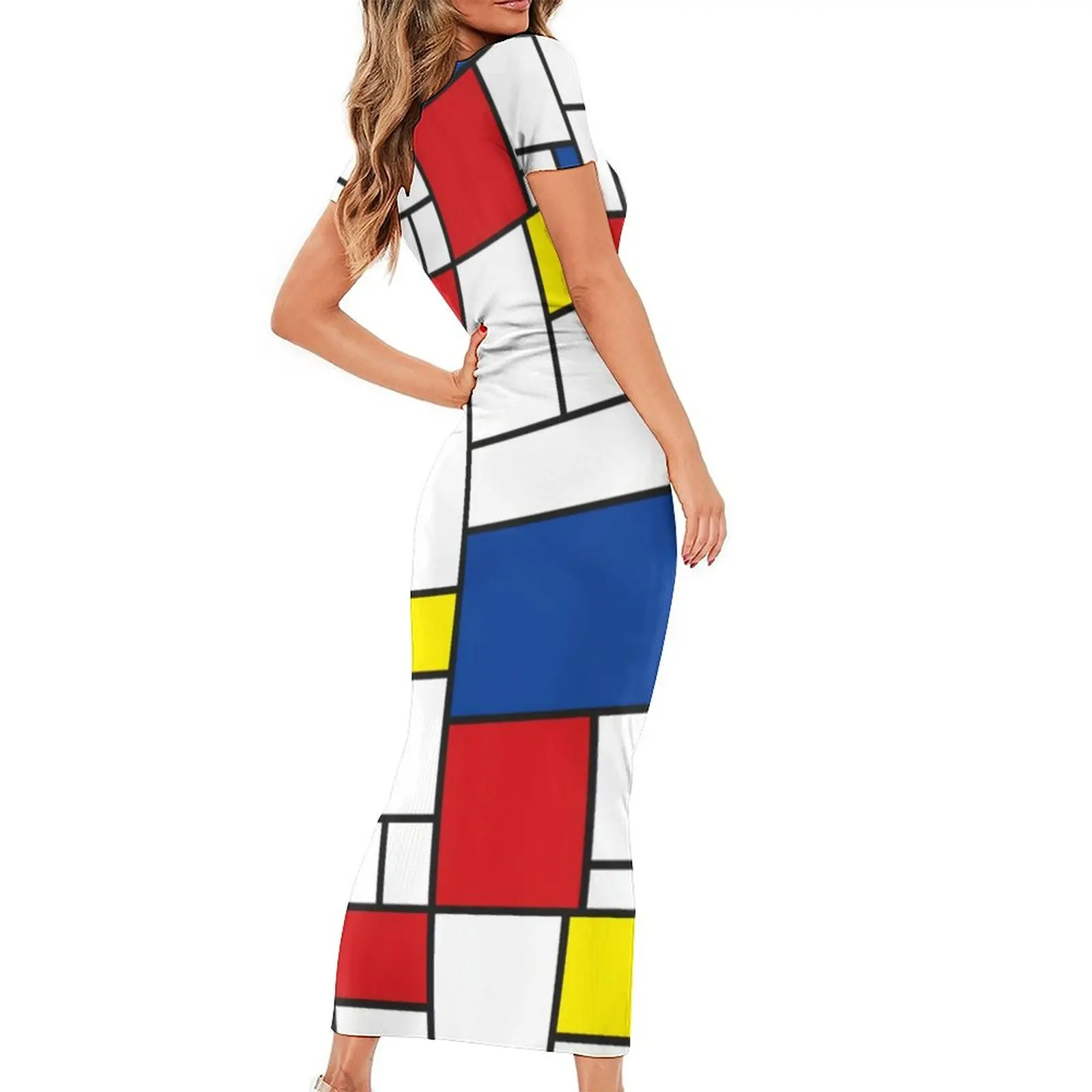 Mondrian Geometry Bodycon Dress Female Modern Art Night Club Maxi Dresses Spring Short Sleeve Street Style Dress 3XL 4XL 5XL