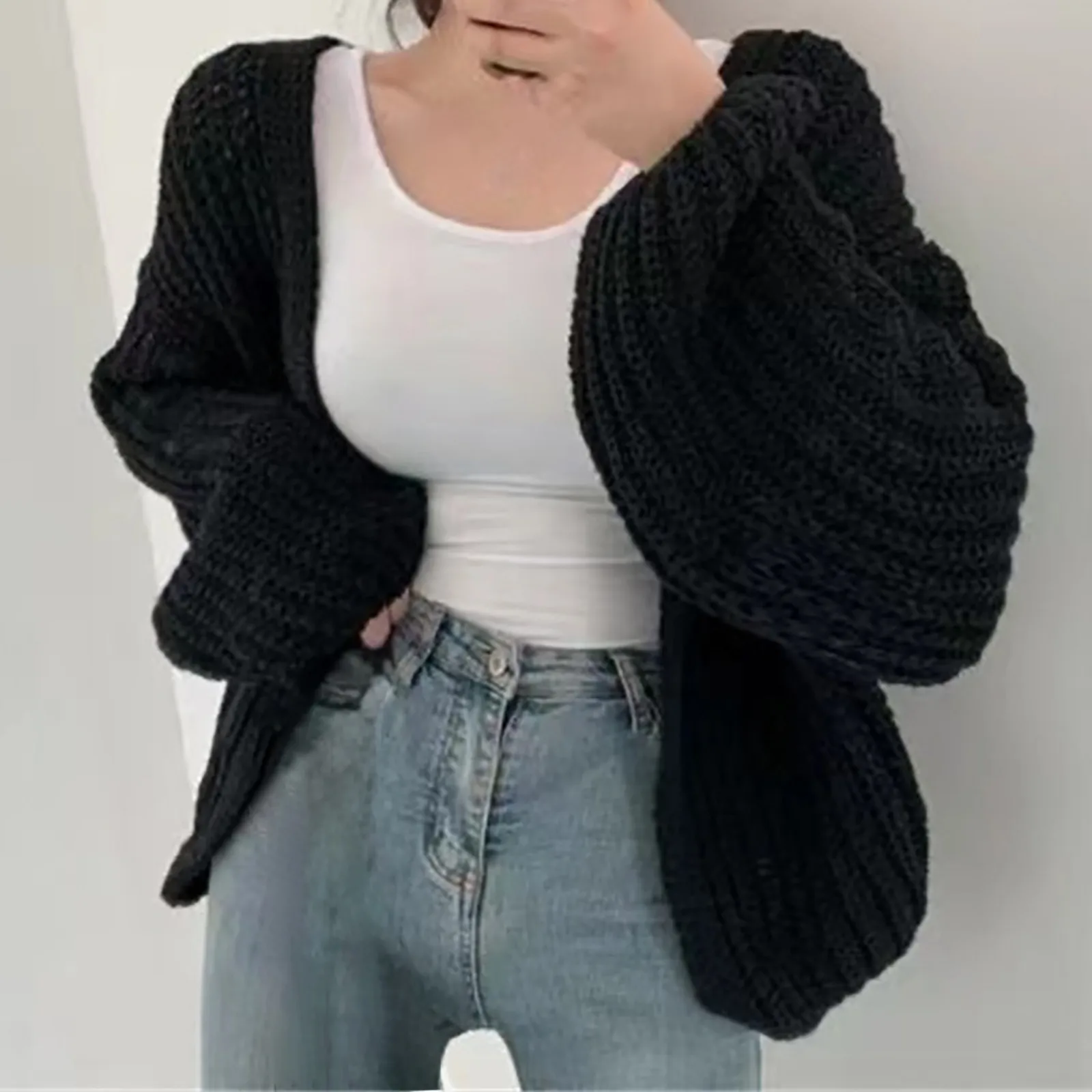 Vintage Harajuku Lantern Sleeve Women Cardigan Sweater Casual Korean Fall Streetwear Tops Coat Chic Lazy Wind Y2k Sweater