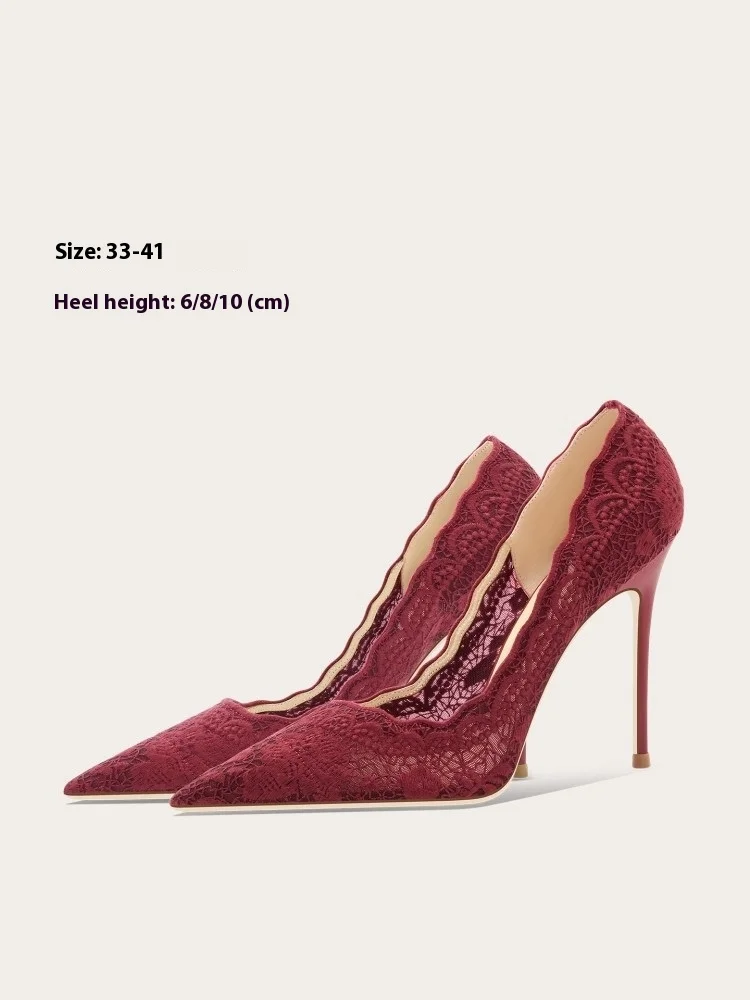 

Thin high-heeled wedding shoes spring and summer new pointed shallow lace mesh shoes banquet large size small size women's shoes