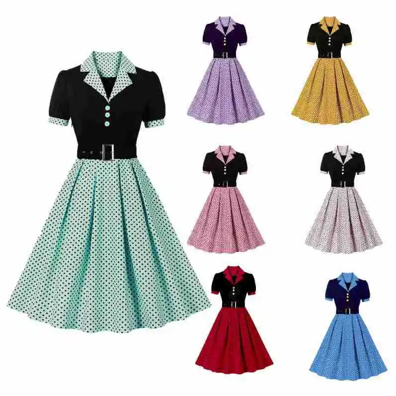 

2025 New Fashion Polka Dot Vintage Pleated Dresses Retro Notched Collar Elegant Summer Women Short Sleeve Belted 1950s 60s Dress