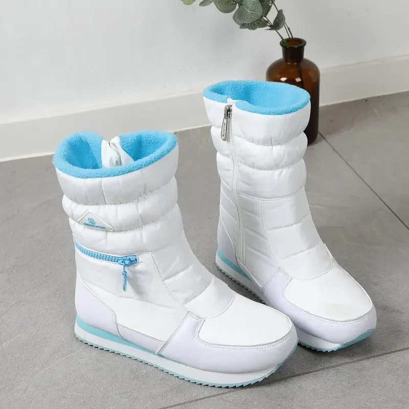 Long Women Snow Boots with Fashion Zipper Comfortable Warm Fur Winter Female Cotton Shoes Waterproof Non-slip Ladies Flat Boot