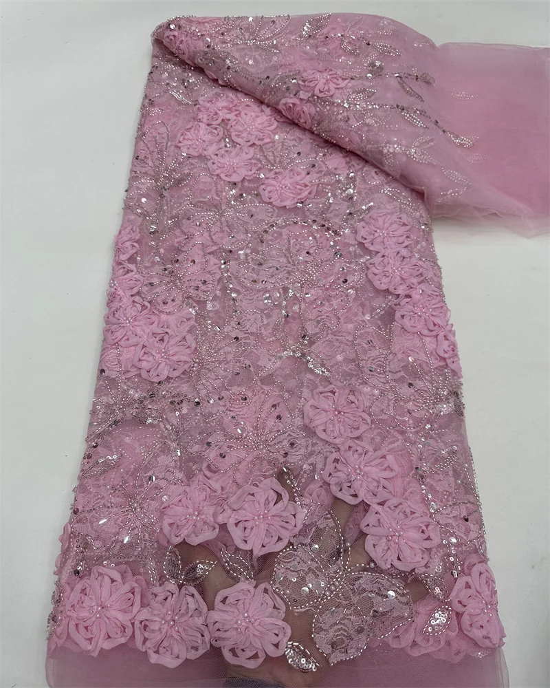 2025 Ręcznie Robiona Koronka z Koralikami Francuska Zdobiona Cekinami Haftowane Kwiaty 3D Nigeryjska Koronka Siatkowa Ślubna do Szycia RF65TY-19