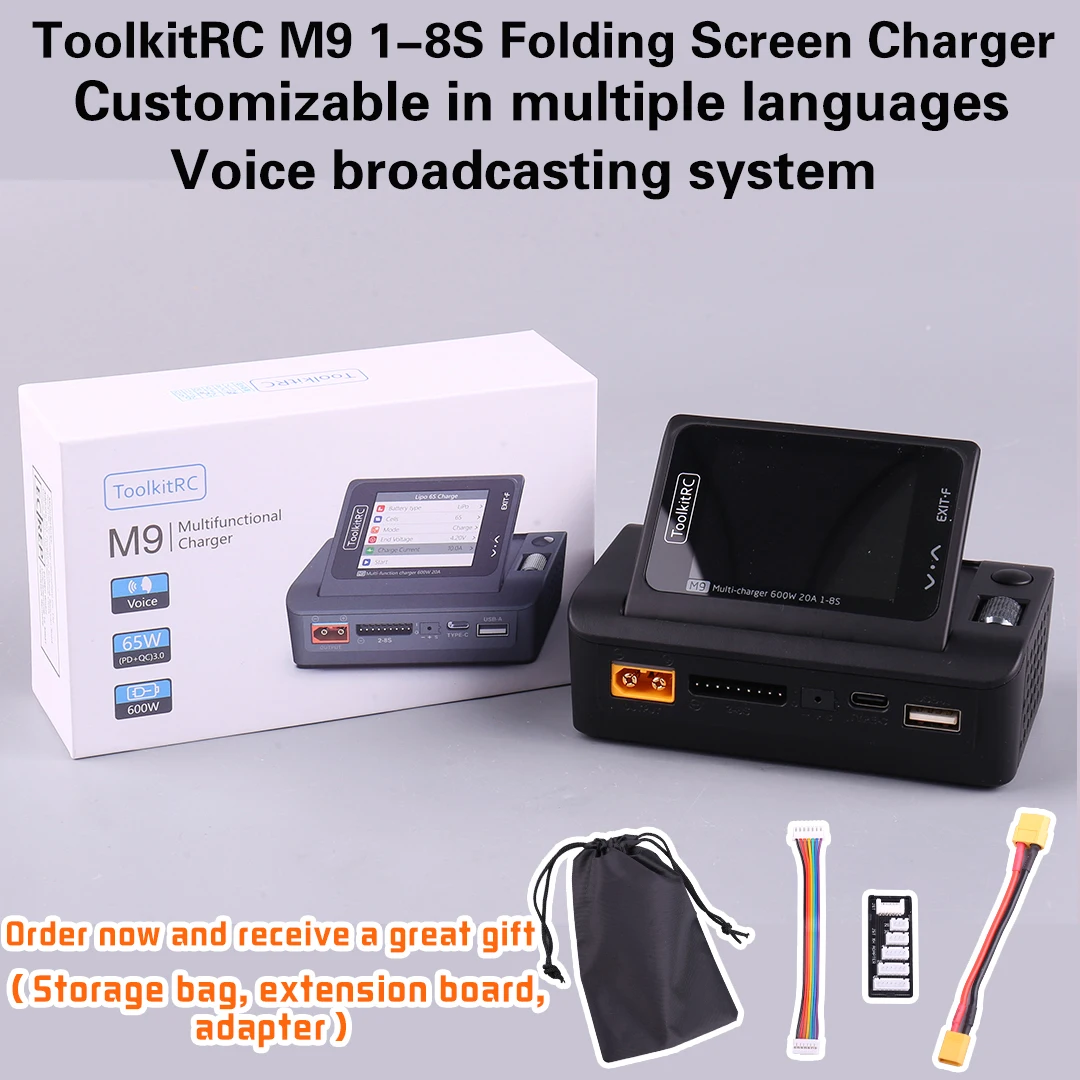 ToolkitRC M9 MultiFunction 600W 20A DC Smart Balance Charger with Audio Function 85Degree Rotatable Screen for 1-8S LIPO Battery