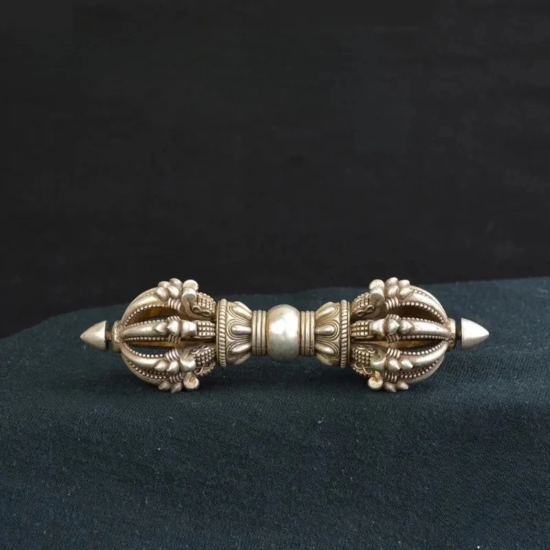 Nine-pronged Vajra Pestle Tibetan Buddhism Ritual Tool Copper Silver-plated Dorje Vintage Tantric Dharma Object Decor