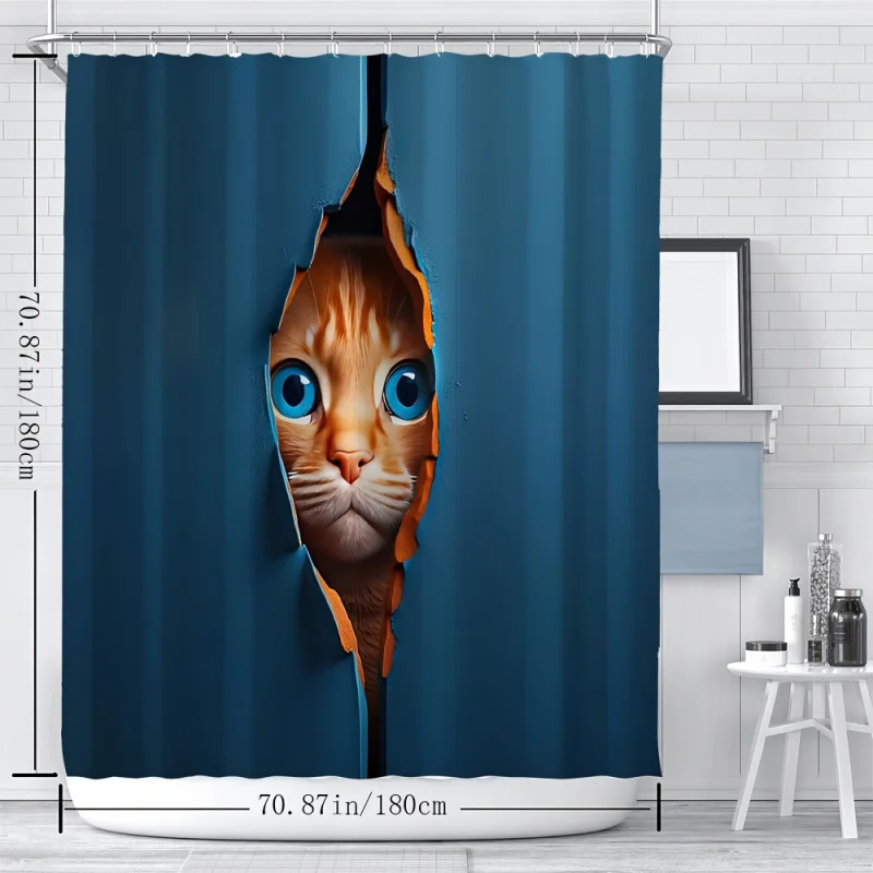 Vibrant Orange Cat Pattern Shower Curtain - Waterproof, Machine Washable, Mildew Resistant, Easy to Clean, with Rust-Proof Hooks