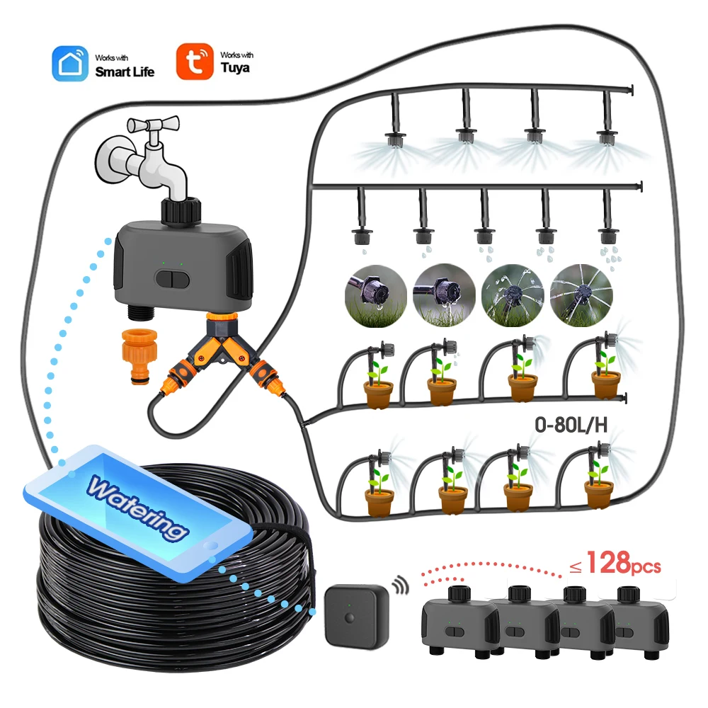 

50-5M Wireless Garden 4/7mm Hose Automatic Drip Watering Irrigation Kit System 1/4'' Wifi Bluetooth-compatible Adjustable Nozzle