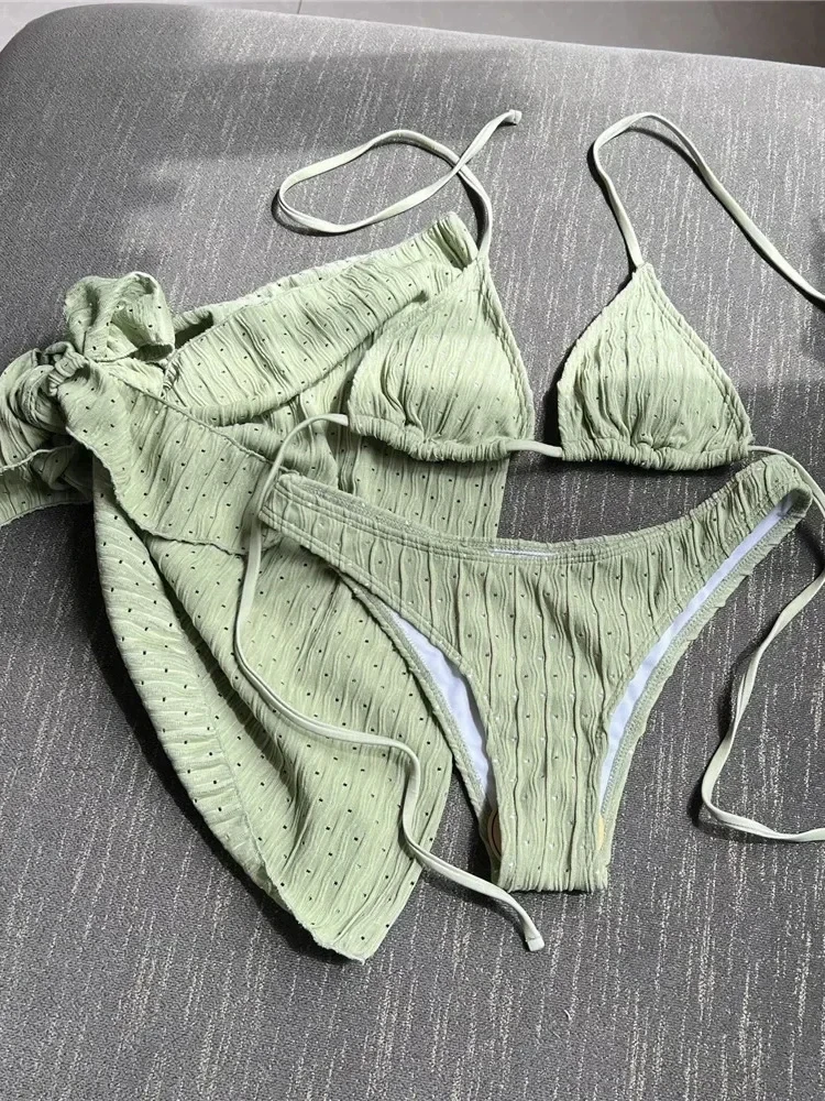 

2024 Swimsuit Women Sexy Green Bikini Set Lace Up Swimwear Halter Biquinis Three-Piece Hollow Out Bathing Suit Female Summer