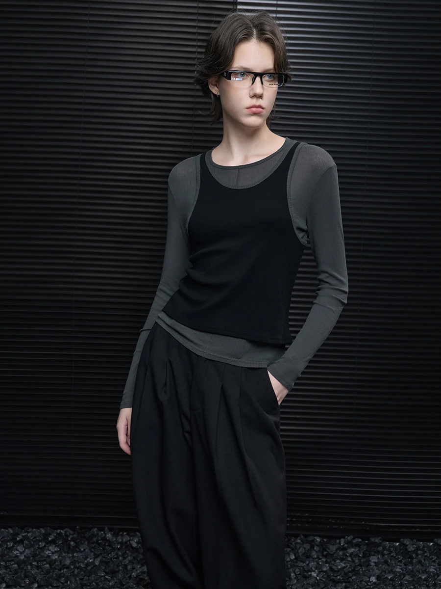 

ay And Bla Splice ort Knitted Vest T-irt Women's Sle Loose Fit Daily Wear round Ne Long Sve Ry And Cru