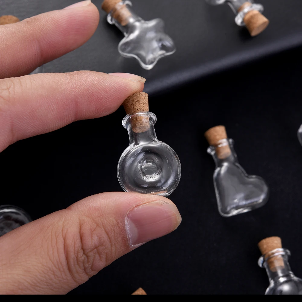 10 Stück Kleine Klare Glas-Wunschfläschchen mit Holzverschlüssen, Gemischte Formen, Mikrobehälter für Schmuckdekoration und Präsentation – Detail 3