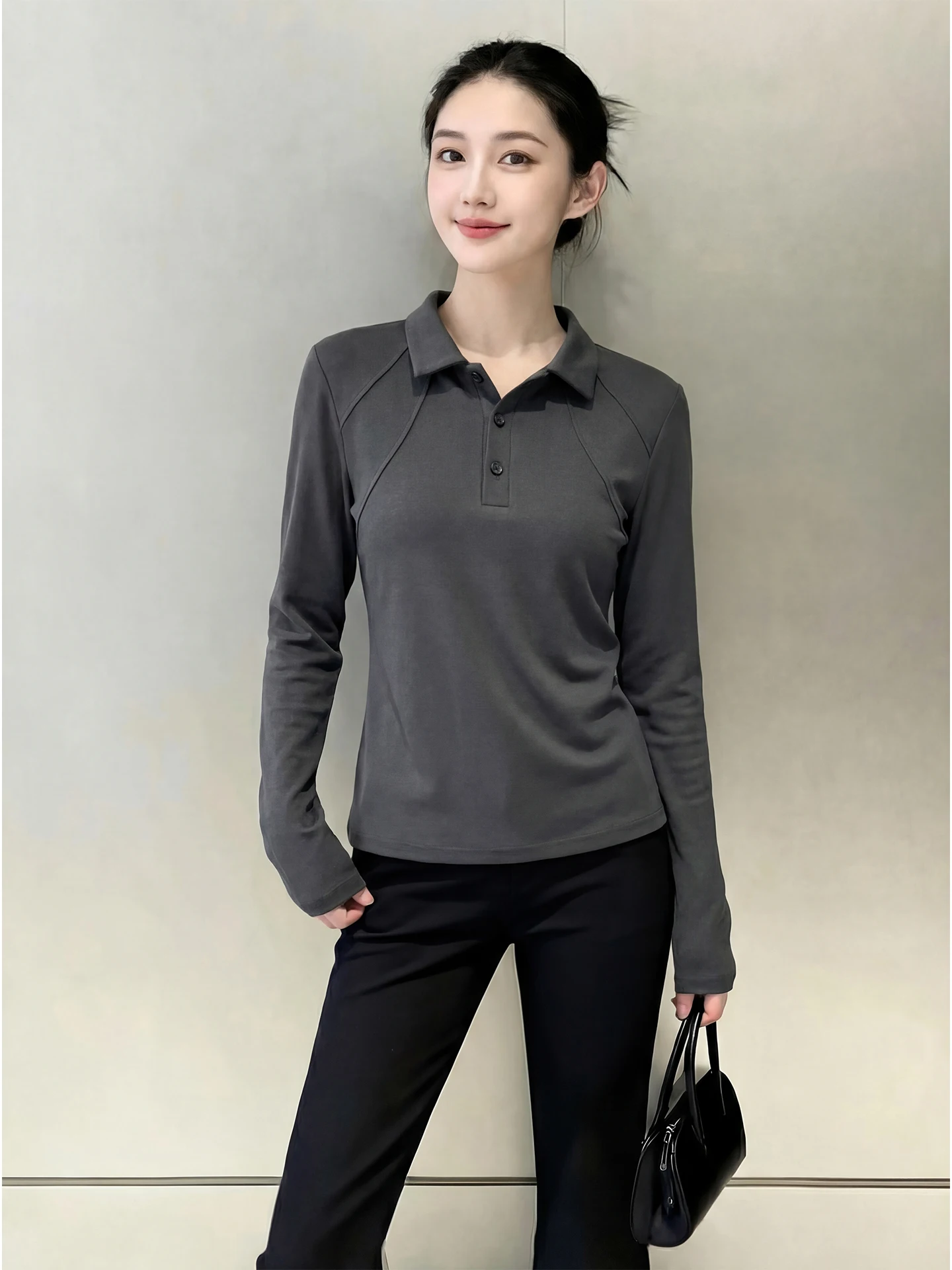 

Spring 2026 Women's ey Collared Long Sve T-irt Versatile Age-Defng Korean Sle College Wind Large Size Design Sense