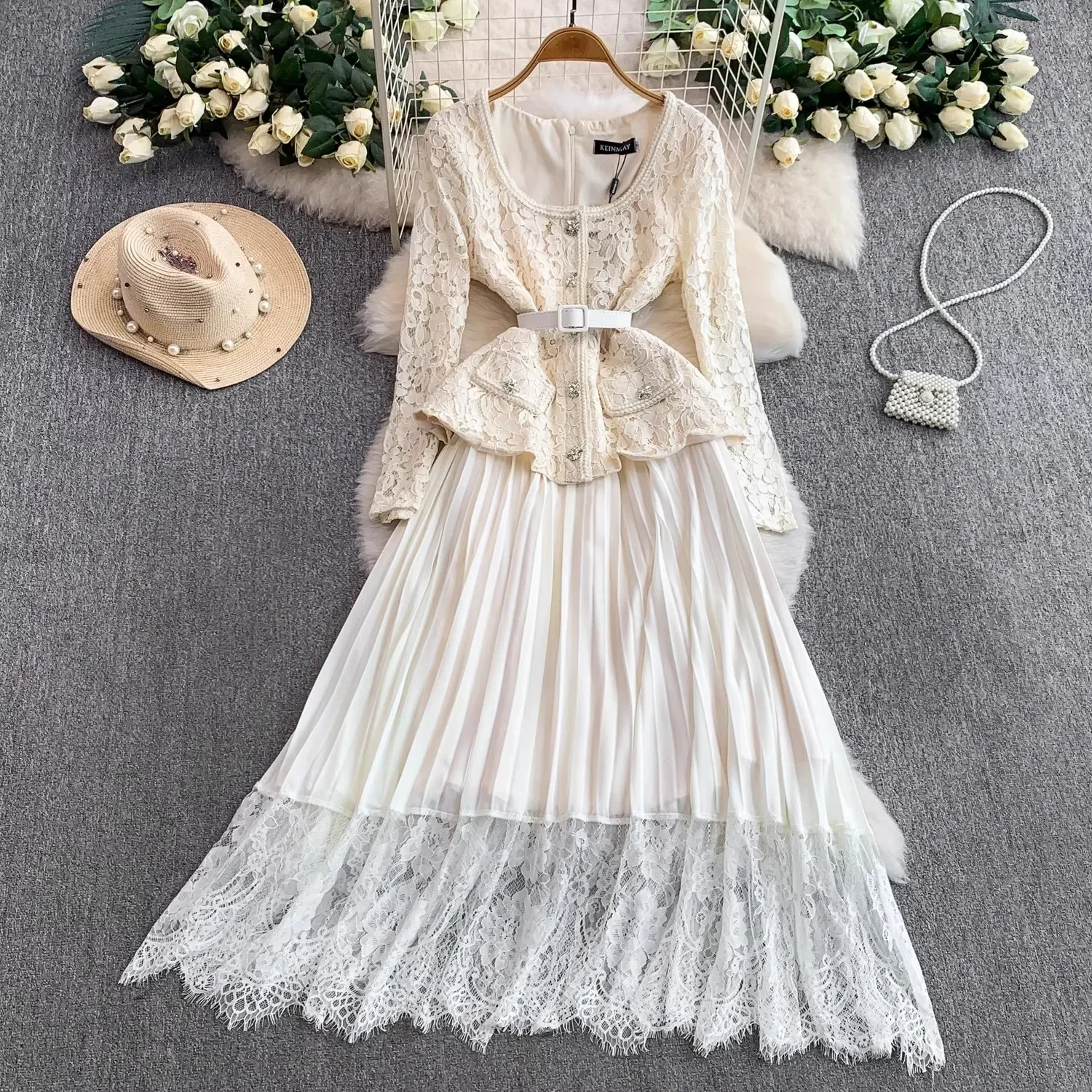 ZAMOR 2026 Runway Lace Patchwork Maxi Dress Women Long Sleeve Pleated Texture Elegant Vintage Inspired Flowing Silhouette Evenin