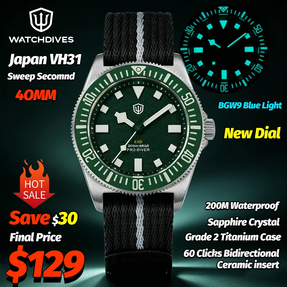 Watchdives EXD 40 Titanium Dive Watch Retro Green VH31 Quartz Watches 200M Waterproof AR Sapphire 60 Clicks Ceramic Bezel Lumes