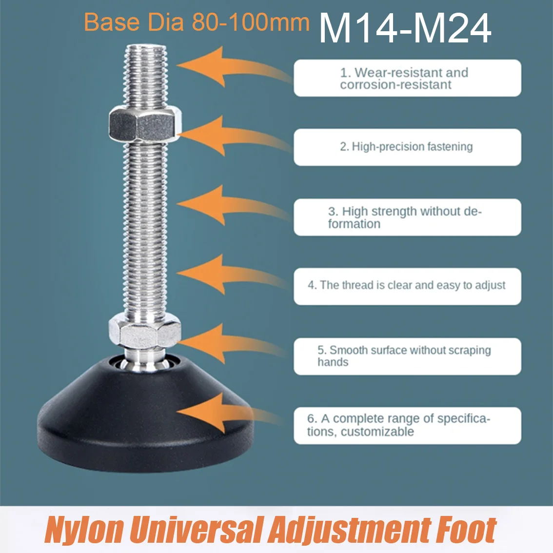 1Pc M14 M16 M20 M24 Adjustable Leg Thread Type Nylon Levelling Feet Swivel Base Articulating Leveling Legs Furniture Support Leg